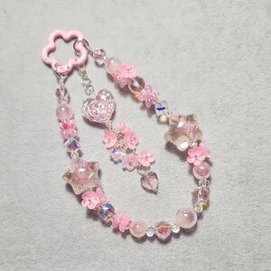 Pink Floral Faceted Beads with Star Phone Bracelet/ Bag Charm